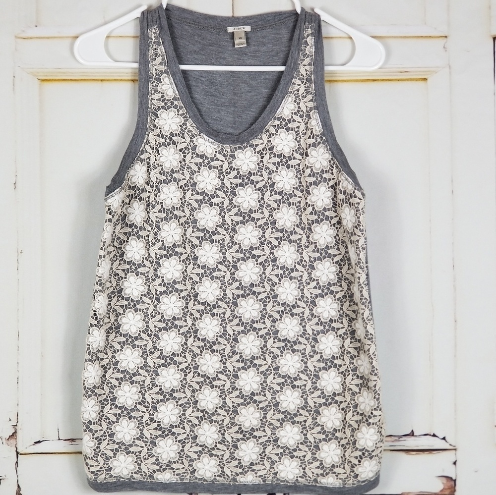 J. Crew Gray Tank with Cream Lace Overlay
